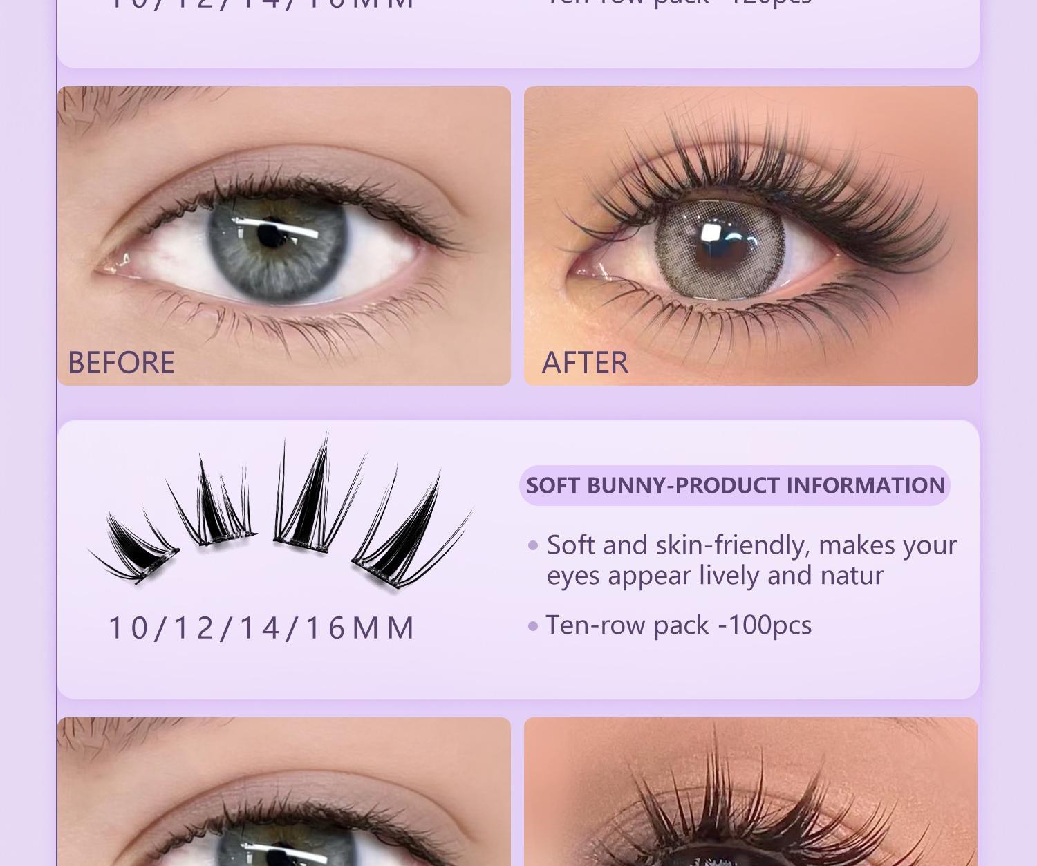 Honeytiny Cluster False Eyelashes, 4 Styles, No Glue Easy Removal, Sizes 10mm-16mm, Lightweight, Secure Fit, Self-Adhesive, Perfect Makeup