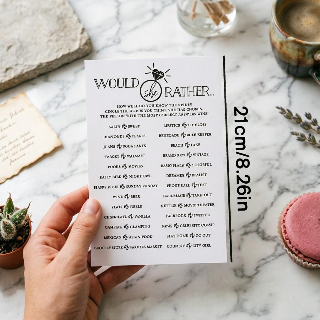 10 New Bridal Party Interactive Game Cards, Would She Rather Quiz Cards, Pre-Wedding Guest Entertainment, Single Party Fun Props