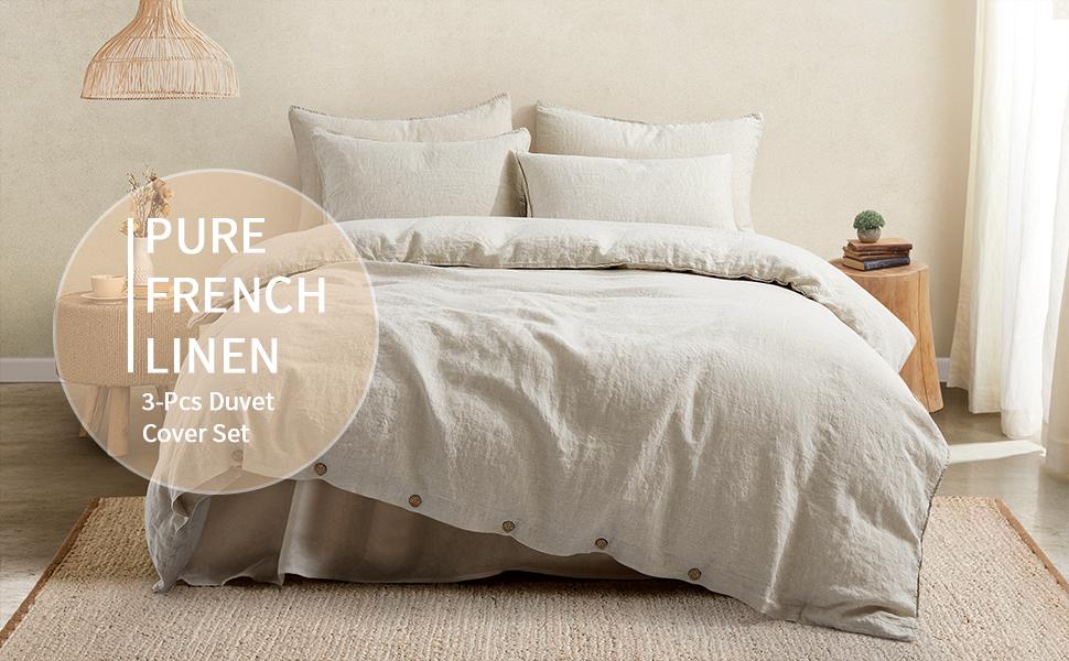 ATLINIA 100% Linen Duvet Cover Set French Flax Farmhouse Style Bedding Including 1 x Duvet Cover & 2 x Pillowshams