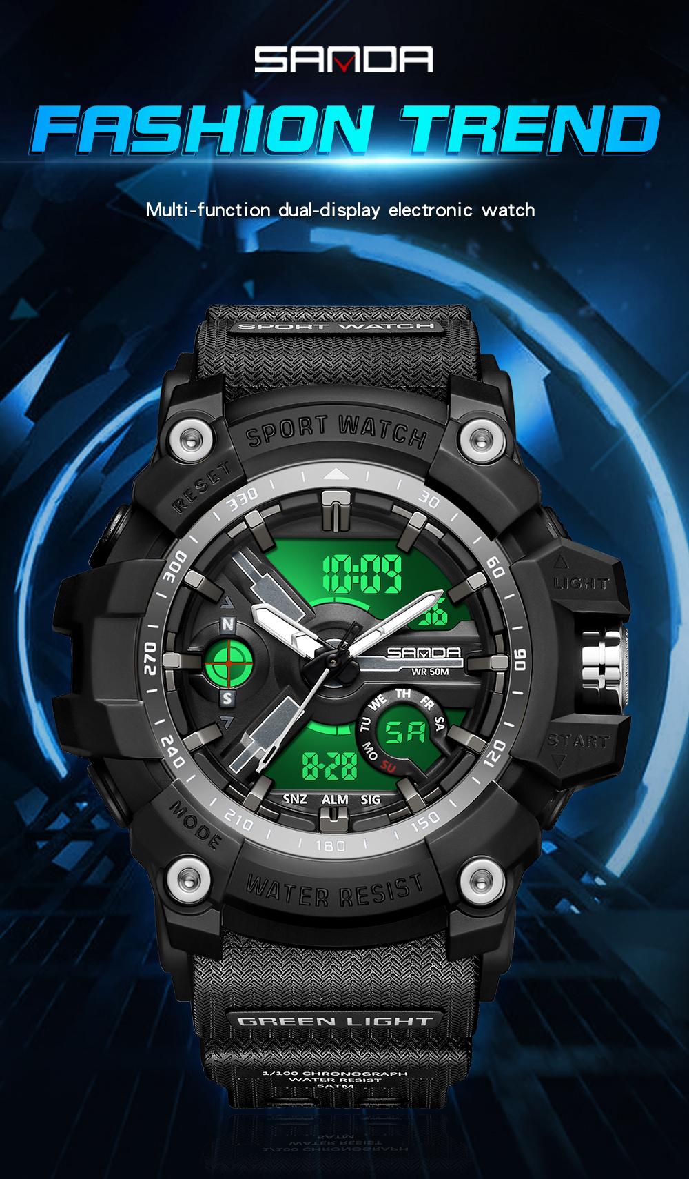 SANDA 3179 for Male Clock shock New Sports Men's Military Watch Waterproof Wristwatch, Men's Sportive Analog-digital Quartz Watch, Water resistant watch with Luminous & Alarm & Calendar Function, with Box