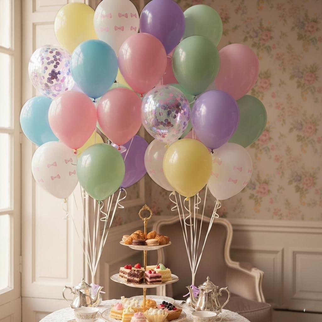 Pink bow balloons, rainbow balloon birthday decorations, 53 pieces of 12 inch pink bow printed balloons with 2 plain ribbons, children's confetti balloons, girls' princess bridal gift party decorations