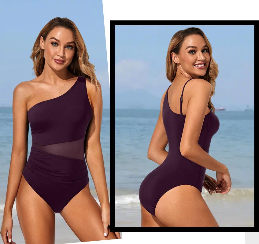 Yonique Women One Piece One Shoulder Swimsuit Tummy Control Bathing Suit Mesh Swimwear