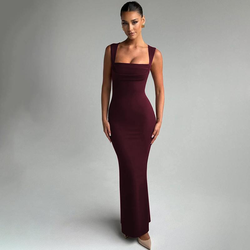 Women's Solid Color Square Neck Bodycon Tank Dress, Elegant Sleeveless Long Dress for Party Club Night Out Holiday Evening, Ladies Summer Clothes