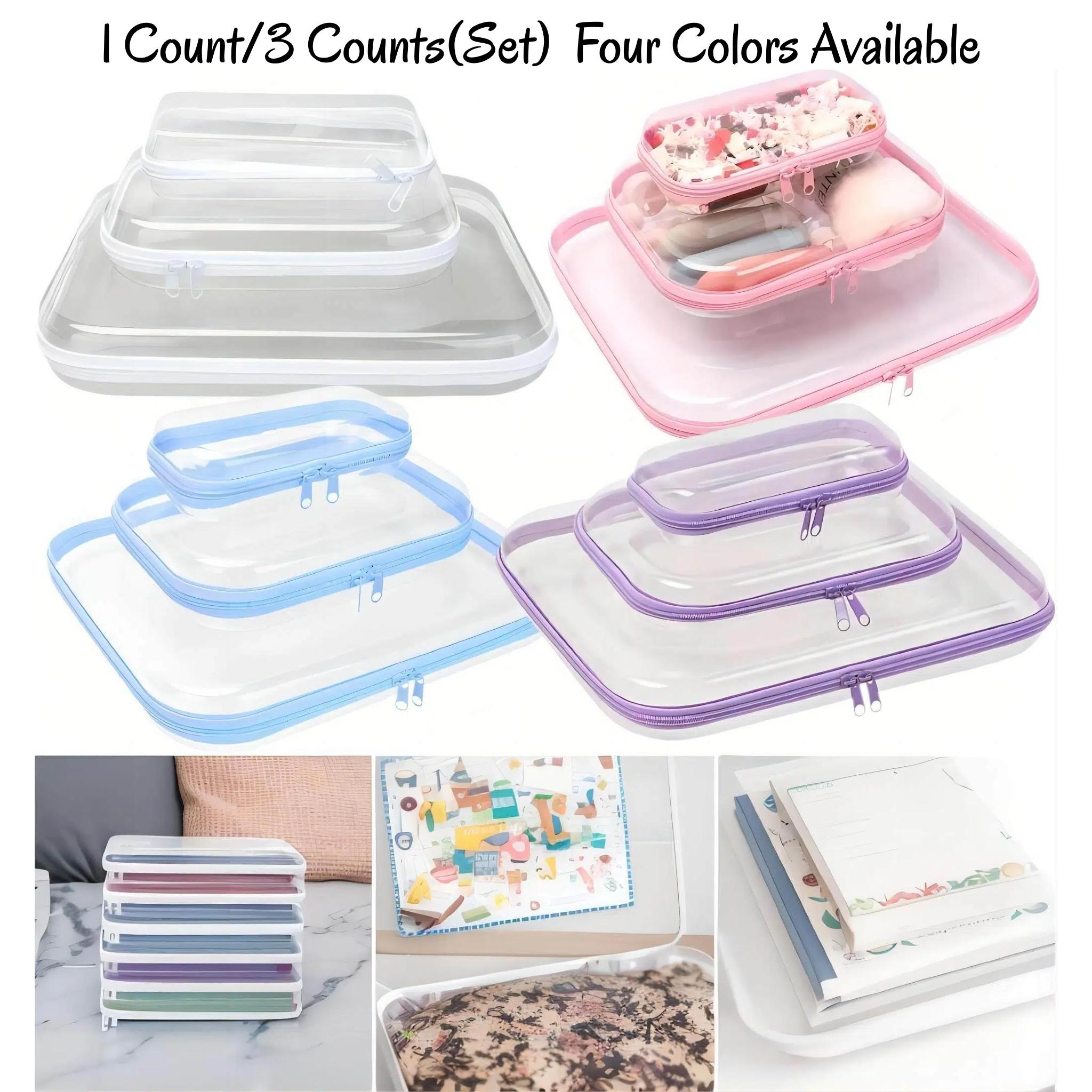 1/3 Set Clear, Transparent Storage Box, Large Capacity Zipper Storage Box, White/Pink/Blue Available Portable Storage Organizer for Skincare, Clothes, Books, Laundry, Travel Toiletry Bag, Space Saver Organizer, Large/Medium/Small Size available