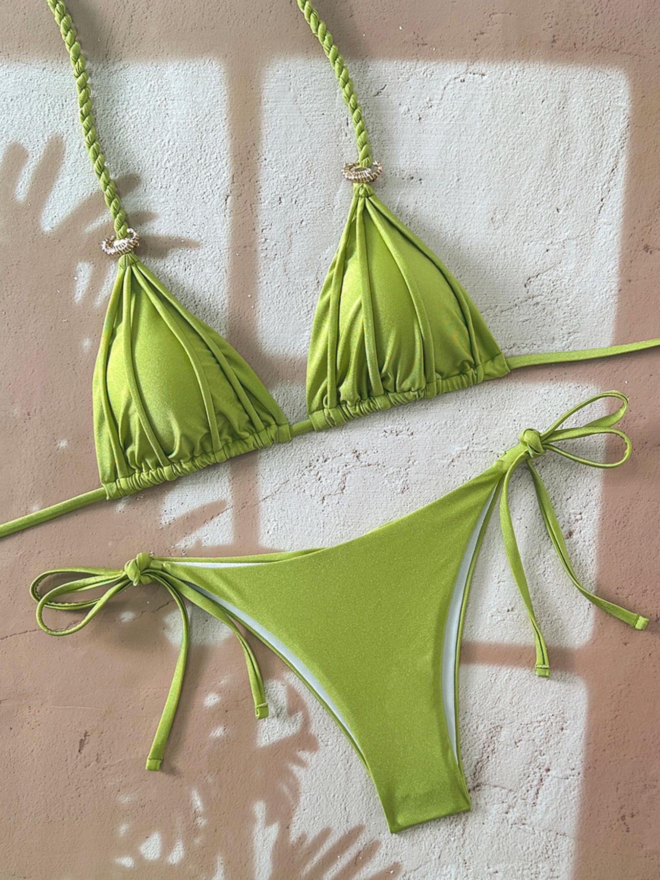 New Women's Solid Color Casual Knot Tie Backless Swimwear Set, Perfect for Beach Vacation, Sexy Bikini