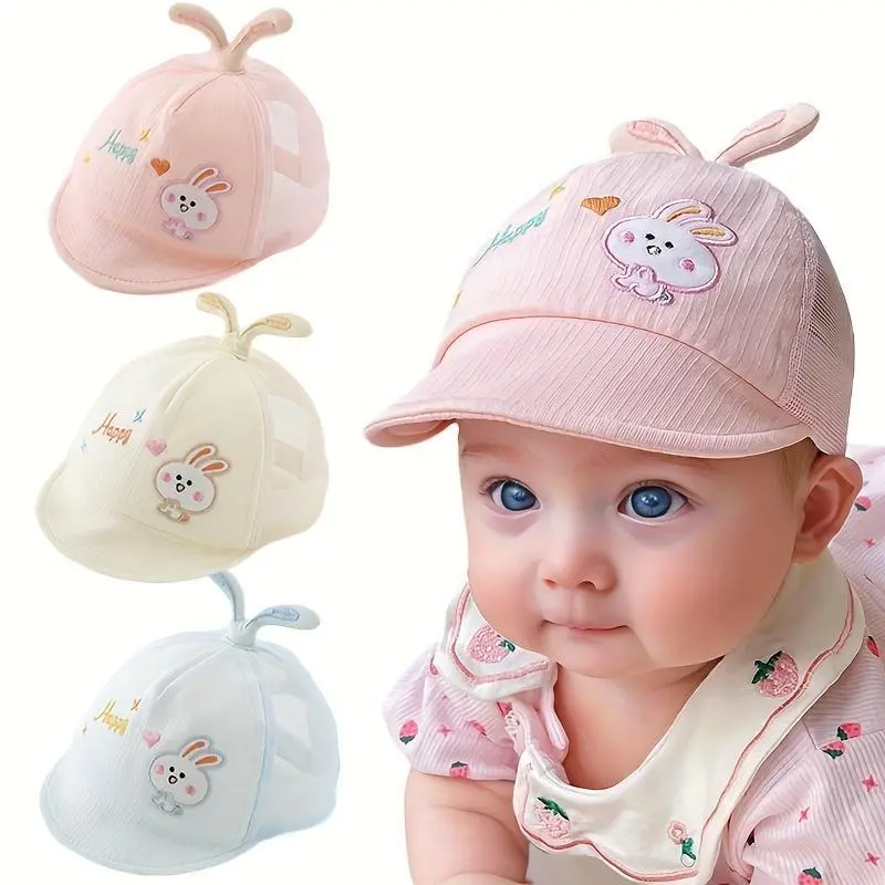 Cute mesh sun hat with rabbit ears, soft-brimmed hat featuring cartoon rabbit embroidery, breathable and adjustable summer sun-protection hat, outdoor sun hat.