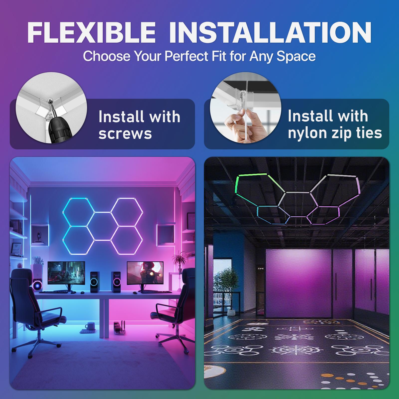HYPERLITE RGB hexagonal light smart modular honeycomb light application, party office, garage light, LED wall decorative light, remote control, LED light, music synchronization, DIY color ceiling light Adjustable Lighting Options, SpringGlowUp