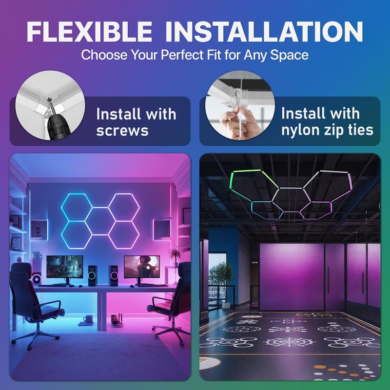 HYPERLITE RGB hexagonal light smart modular honeycomb light application, party office, garage light, LED wall decorative light, remote control, LED light, music synchronization, DIY color ceiling light Adjustable Lighting Options,Jumpstart newyear