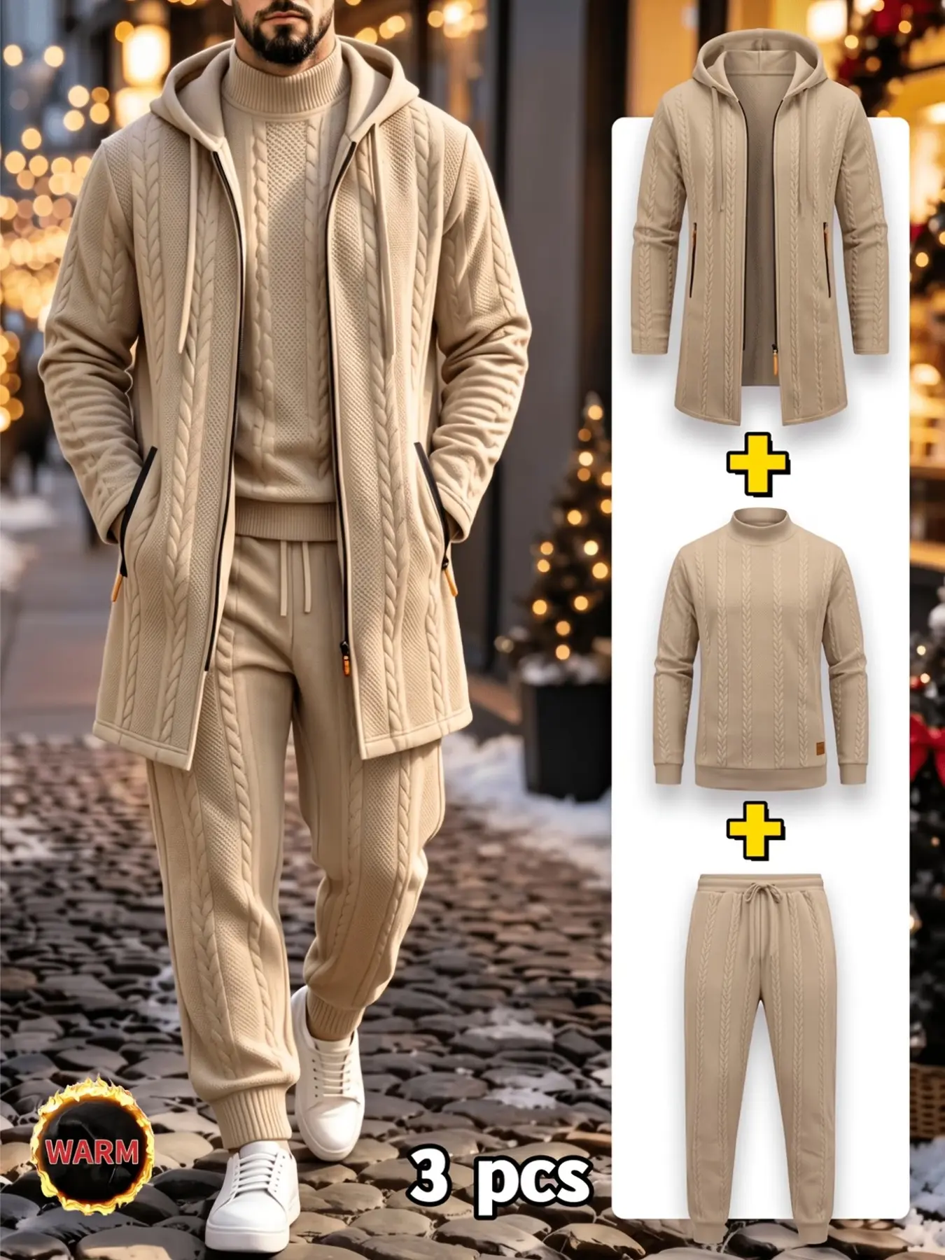 Men's 3-Piece Knit Set, Long Hooded Zipper Jacket + Half-Neck Sweater + Drawstring Pants, Textured Warm, Fall Winter Streetwear