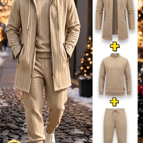 Men's 3-Piece Knit Set, Casual Outfit Set, Long Hooded Zipper Jacket + Half-Neck Sweater + Drawstring Pants, Textured Warm, Fall Winter Streetwear