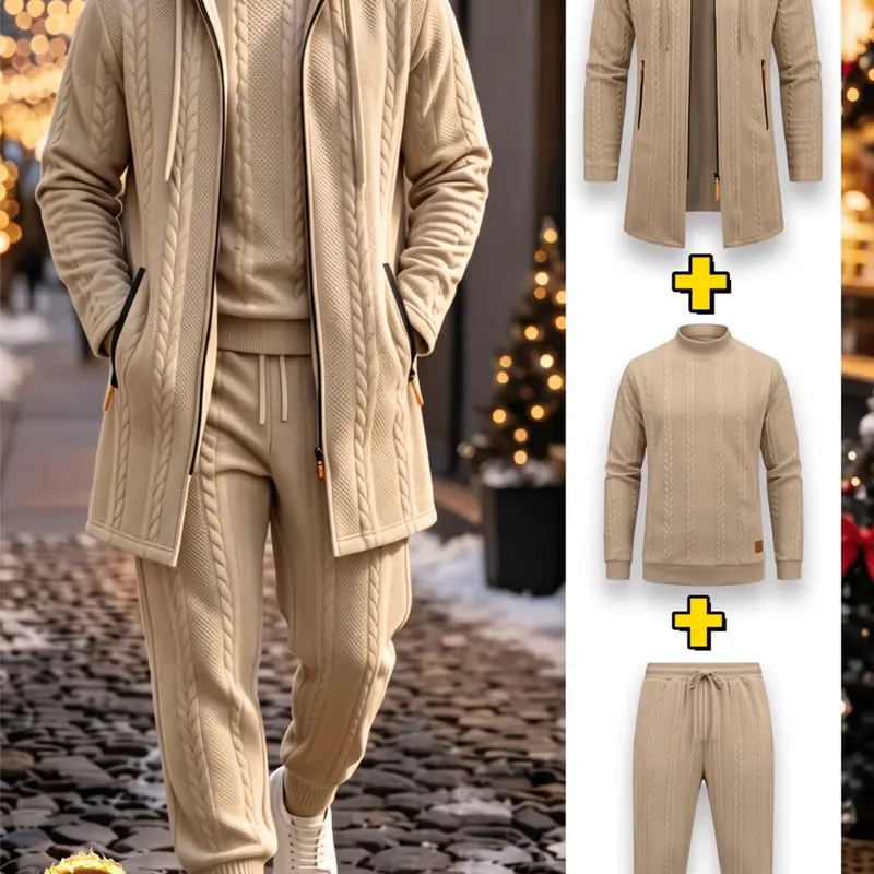 Men's 3-Piece Knit Set, Casual Outfit Set, Long Hooded Zipper Jacket + Half-Neck Sweater + Drawstring Pants, Textured Warm, Fall Winter Streetwear