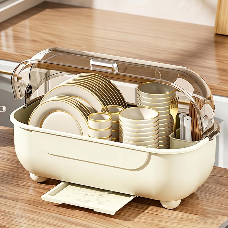 1 Piece Covered Drawer-Style Dish Rack with Water Draining Base. Multifunctional Dustproof Tableware Storage Cabinet, no standing water. Works on countertops and inside cabinets, perfect for kitchen bowl and plate storage.