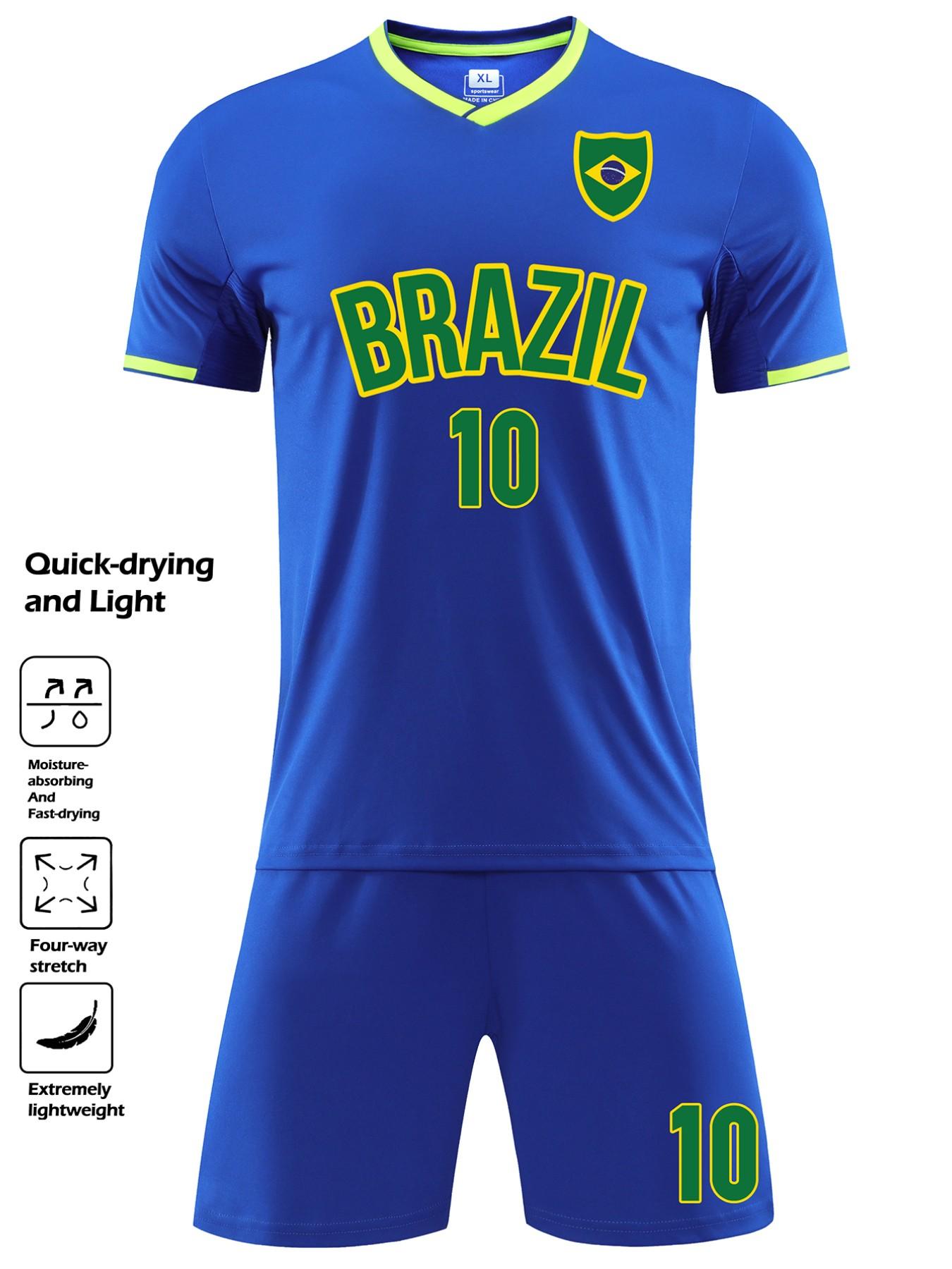 Brazilian Style Football Jersey Set, Unisex Quick-Dry Soccer #10, Moisture-Wicking Sportswear for Training, Activities, Casual Wear