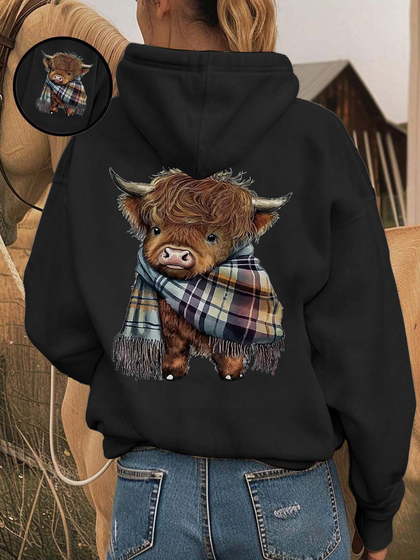 Cozy Fleece-Lined Printed Hooded Fitted Long Sleeves Sweatshirt, Funny Sweatshirt, Cute Highland Cow Animal Design, Unisex Casual Winter Fashion Womenswear with Soft Warm Plush Interior for Cold Weather Aesthetics, Casual Fitted Hoodie