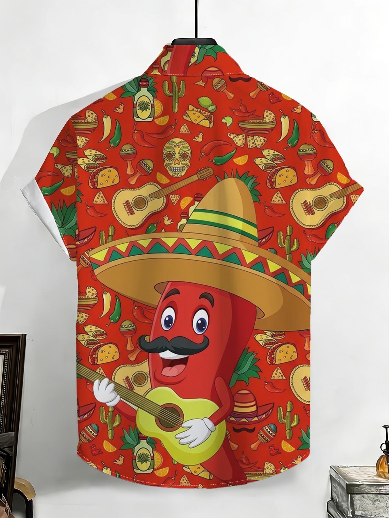 New Summer Men's Short Sleeve Shirt, Mexican Chili Cartoon Print, Casual Breathable Beach Vacation Hawaiian Shirt, Slim-Fitting