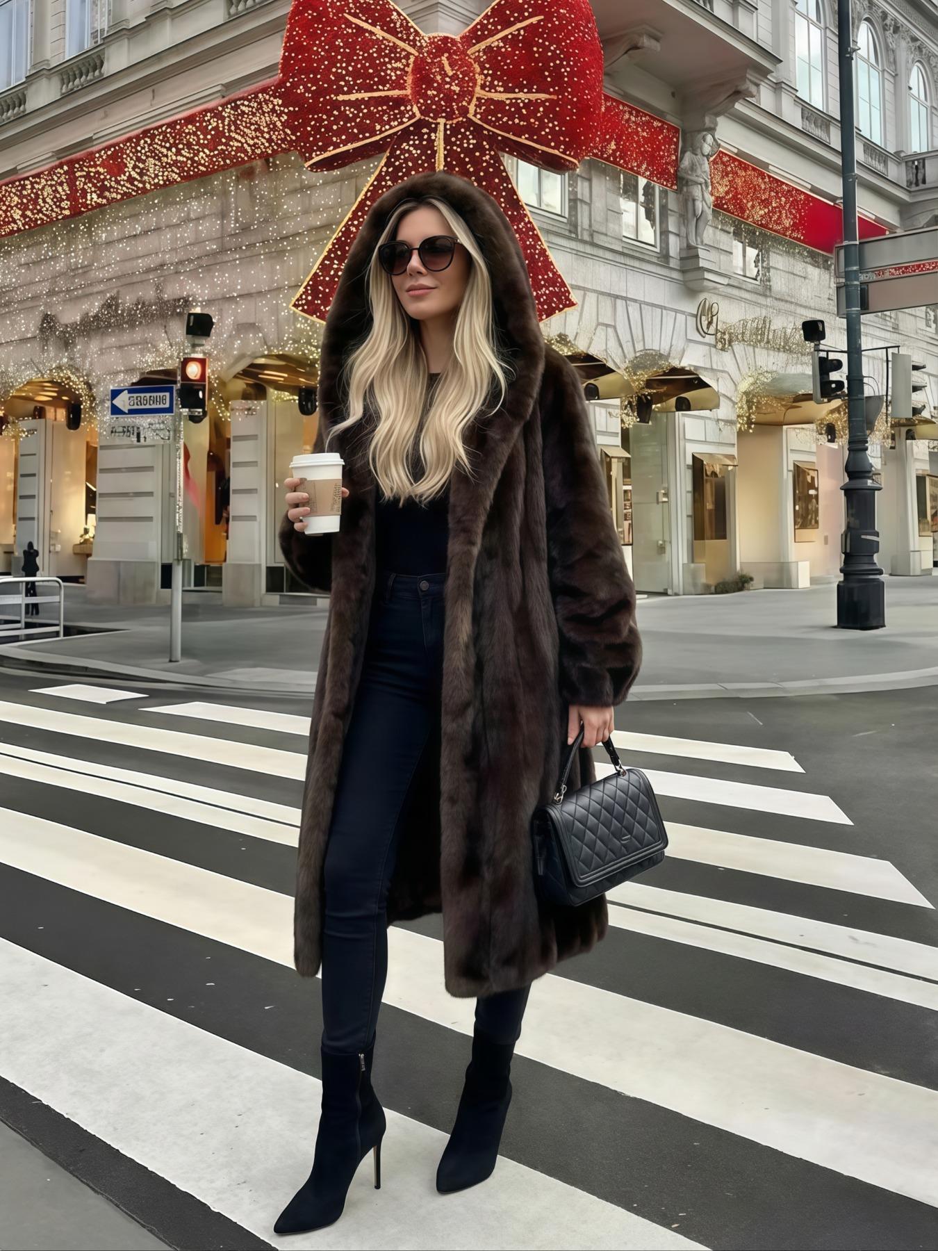 Women's Faux Fur Coat, Winter Fashionable Casual Long Sleeve Jacket, Retro Hooded Loose Fit Medium-Length Outerwear for Daily Wear