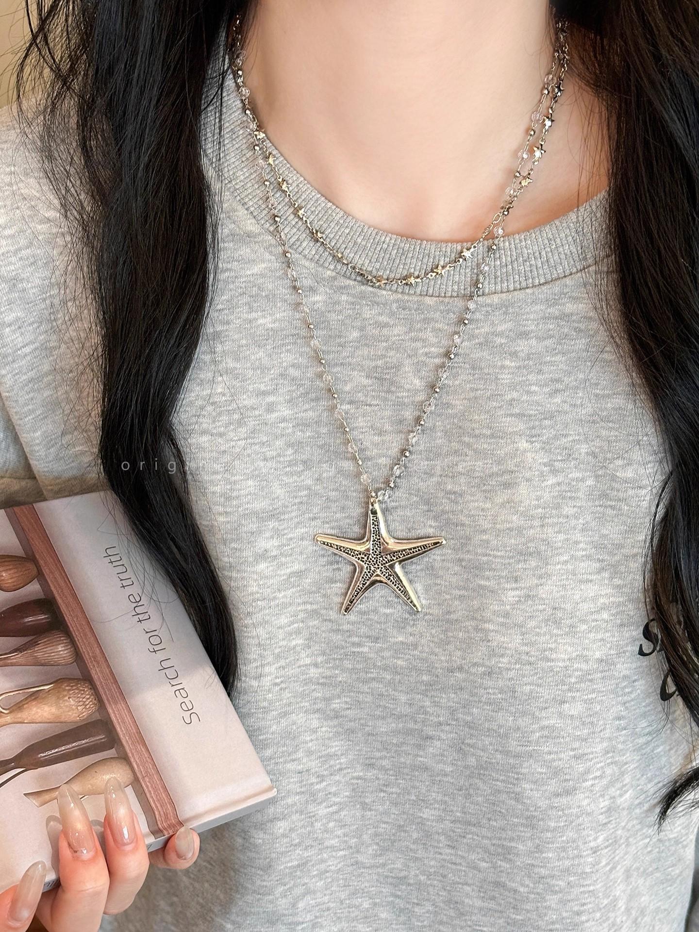 Y2K Trend Crystal Beaded Star Chain Sea Urchin Pendant Necklace, Vintage Long Design for Women, Perfect for Daily Wear & Parties, Starfish Necklace