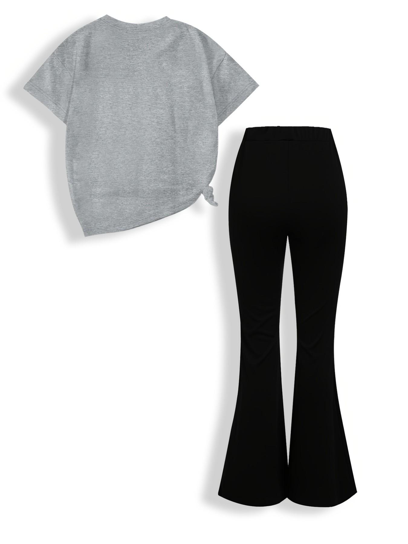 2pcs Girls' Summer Fashion Print Short Sleeve T-Shirt + Elastic Bell Pants Set, Casual Fitted for All Seasons, Outdoor Wear