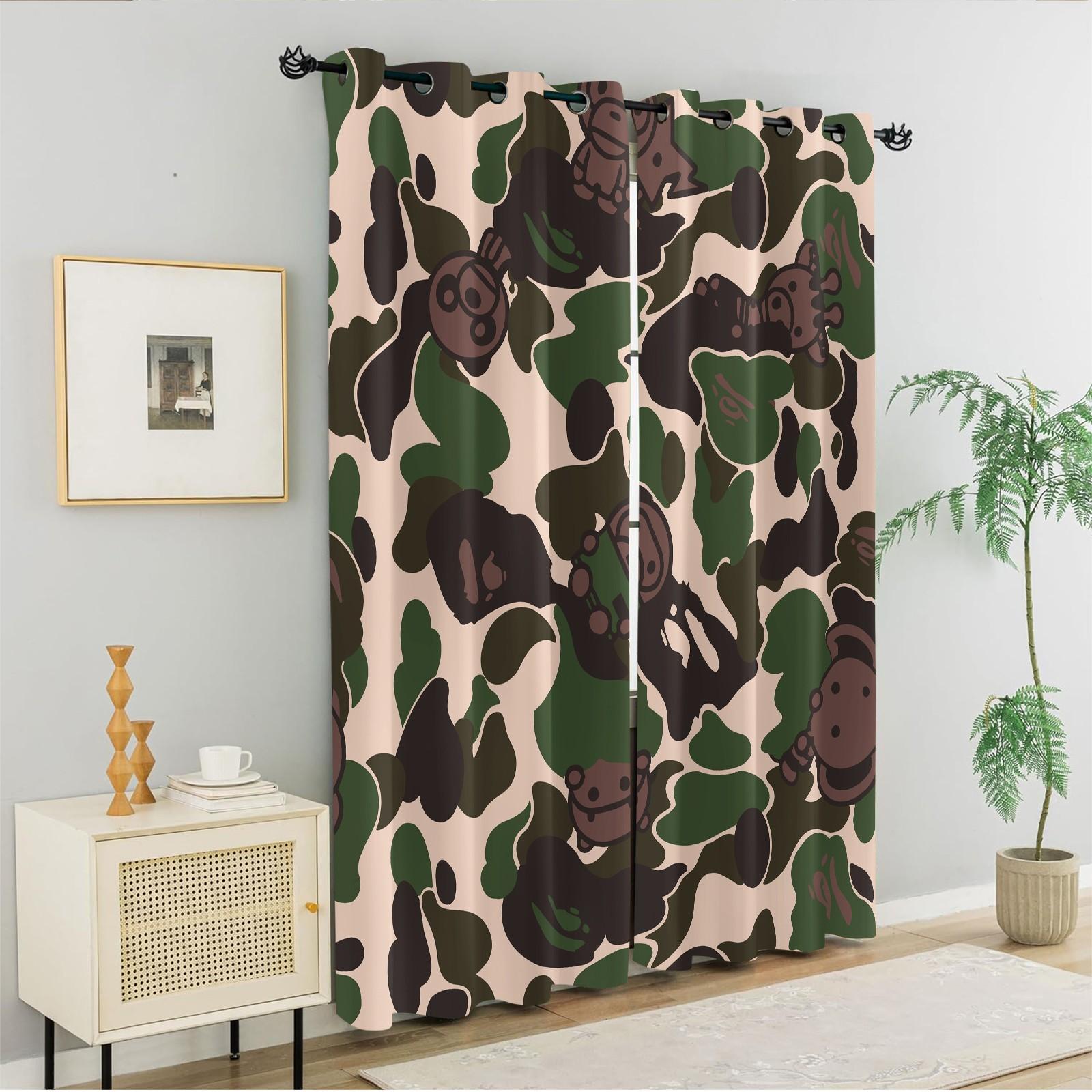 2-Pack Camouflage Print Blinds, Bape'S Iconic Ape Head Pattern Blackout Blinds, Grommet Blackout Curtains, Trendy Street-Style Children'S And Teenagers' Bedroom Blinds, Machine Washable, 2-Pack.