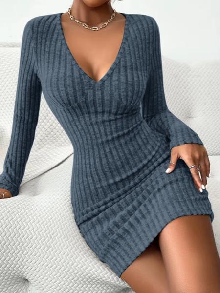 Women's Striped Deep V Neck Bodycon Dress, Comfortable Soft Casual Long Sleeve Tight Sleeve Short Dress for Fall & Winter, Ladies Clothes for Daily Wear, Womenswear