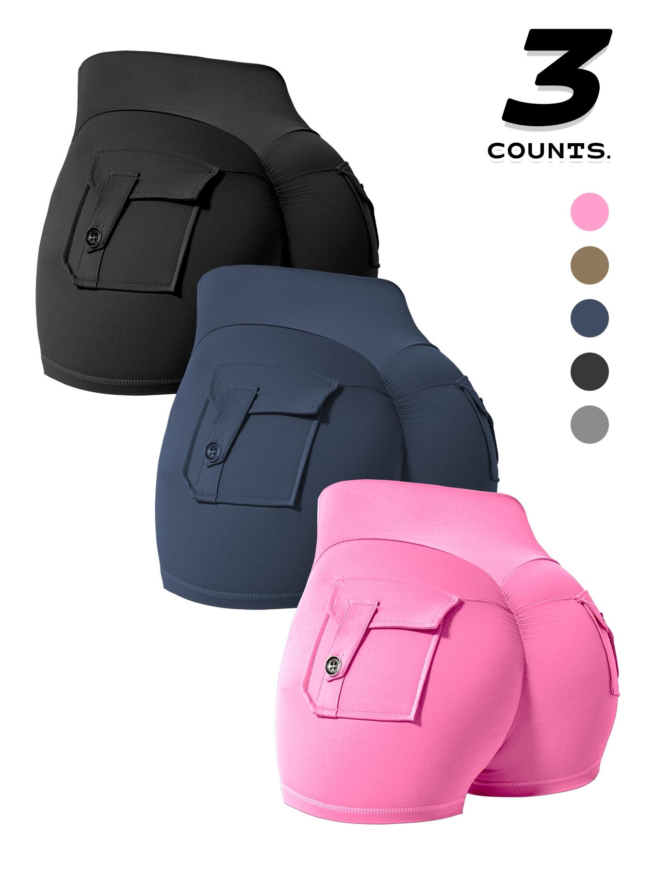 Women's Solid Button Pocket Sports Shorts, High Waist Comfy Breathable Ruched Skinny Sports Shorts for Yoga Gym Workout Running, Ladies Sportswear for Fall & Winter, Breathable Fitness Shorts