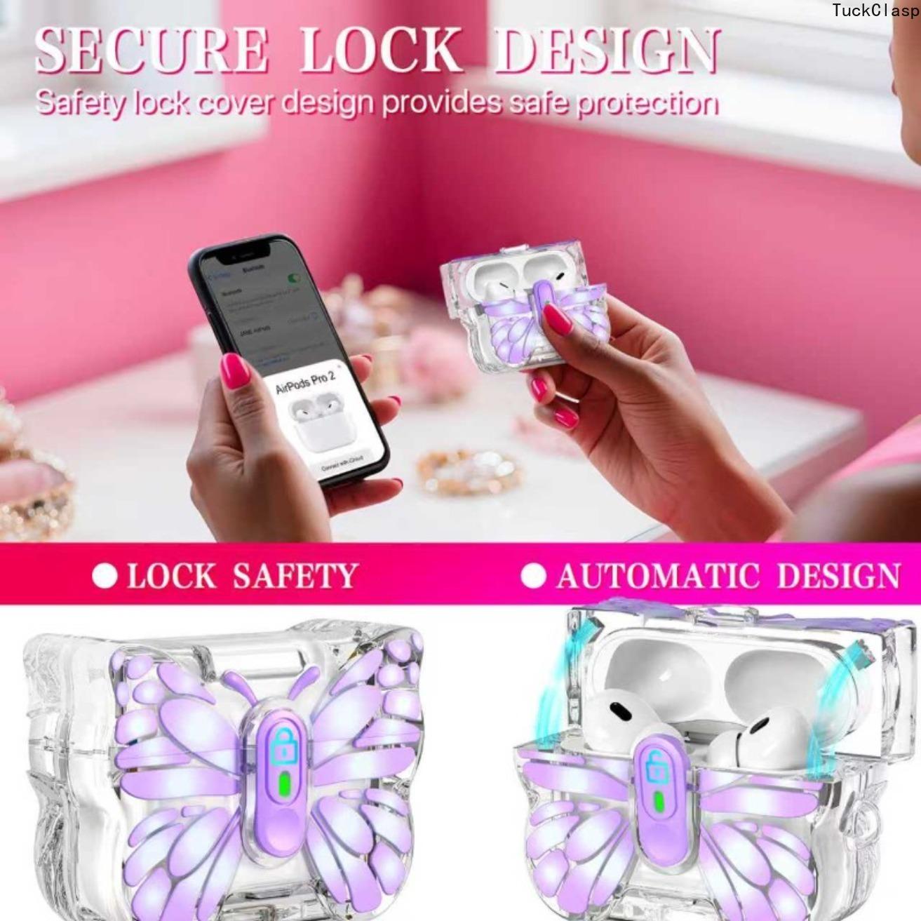 2026 New Compatible with for Airpods Pro/Pro 2 Earbud Case - Vibrant Purple Butterfly Wings, Translucent Pink TPU Soft Case with Stand, Includes Wrist Strap Hook - The Perfect Gift for Women