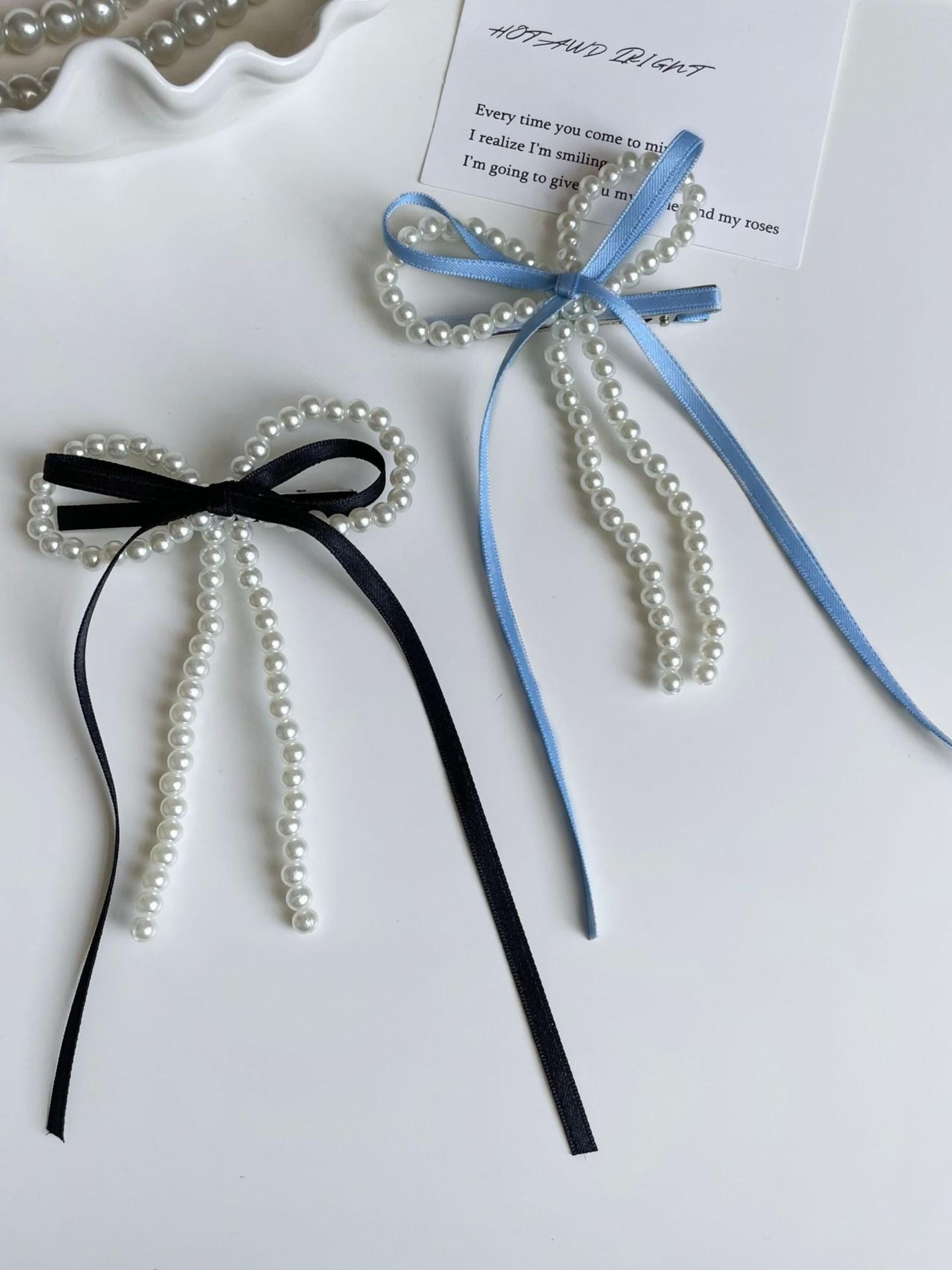 Sweet Forest Style Bow Ribbon Hair Clip, Imitation Pearl Edge, Girl Heart Side Clip, Elegant and Cute New Design Hair Accessory