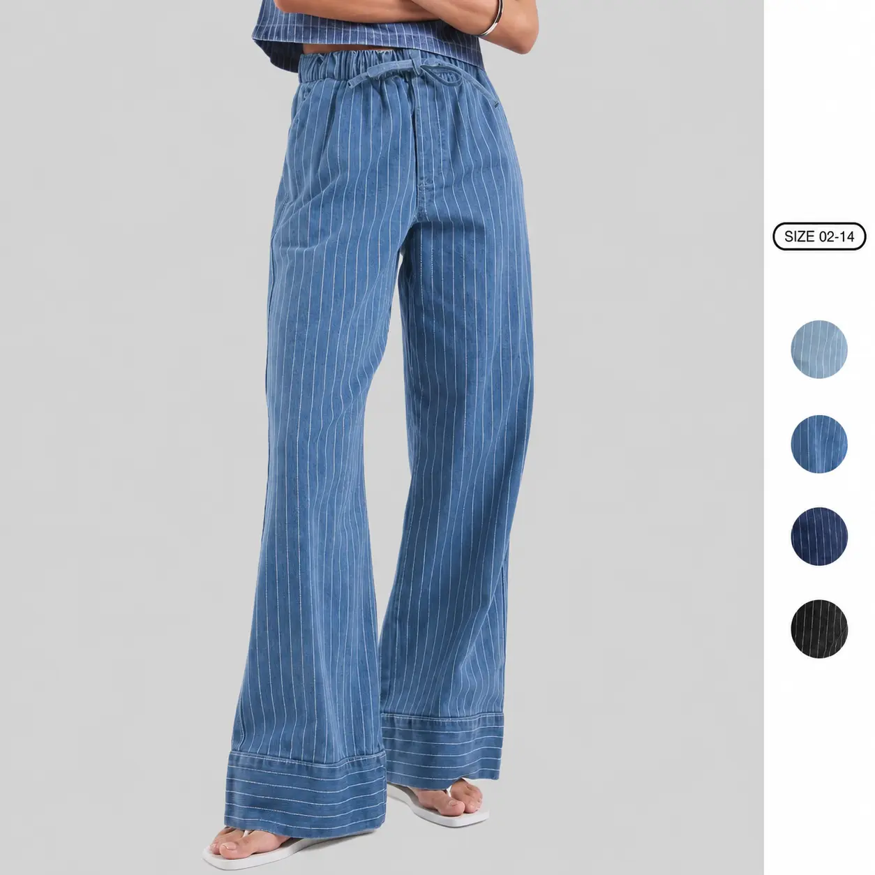 Imily Bela Women Vertical Striped Denim Wide Leg Pants Elastic Drawstring High Waist Loose Casual  Cuffed Hem Fashion Wide Leg Pants