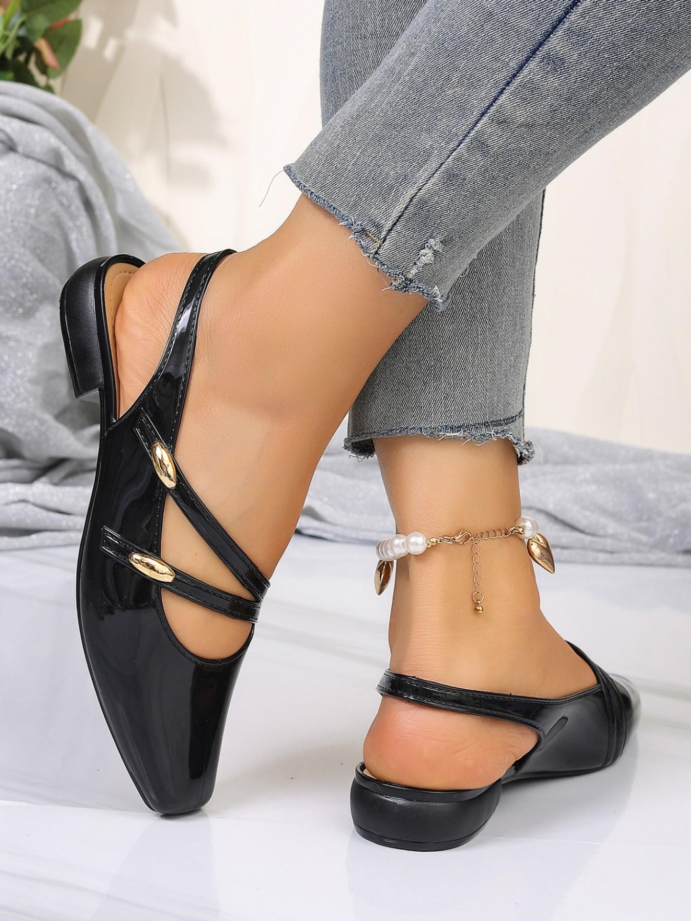 2026 Summer High-End Glossy Leather Mary Jane Shoes, Square Toe Backless Cross Strap Metal Buckle Low Heel Flat Sandals, Office Date Elegant Versatile Women's Shoes