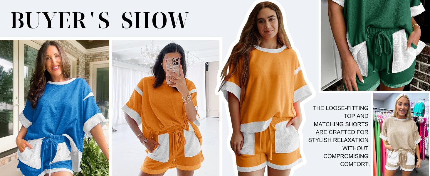 FISOEW Sports 2026 Summer Spring Women's Summer Two-Piece Sportswear Set, Loose Sweatshirt and Shorts, Casual Color-Blocking Breathable Loungewear Set, New Autumn Collection, SpringStatements