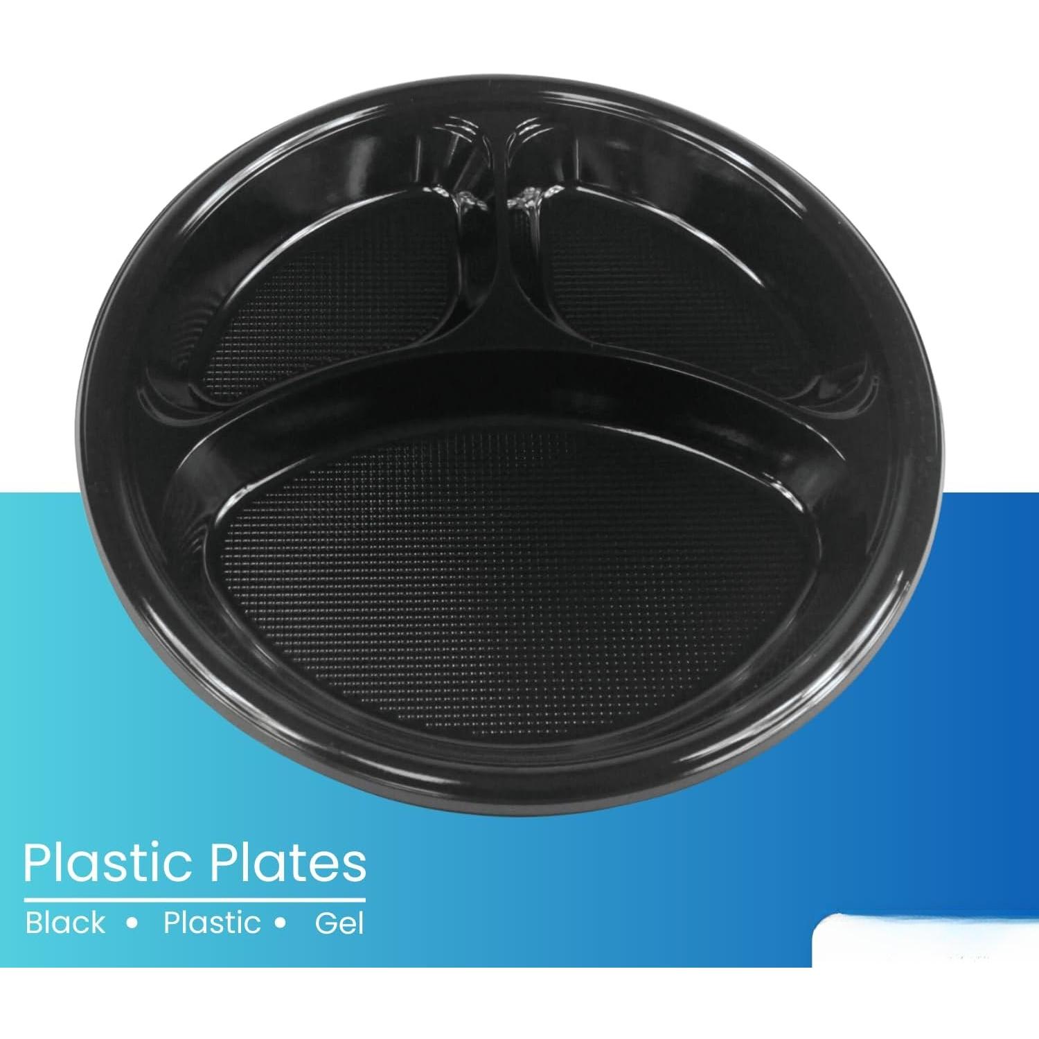 10 Inch Plastic 3 Compartment Sectional Plates, Disposable Plates with Compartment, Round Black Sectional Plates 10-Inch Diameter, 125 Pack