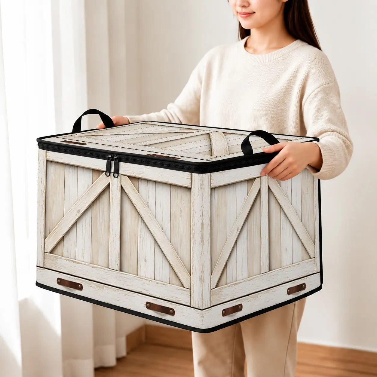 Rustic White Wood Grain Storage Box with Lid and Zipper, Collapsible Farmhouse Style Organizer Bag with Handles, Vintage Wooden Crate Print Storage Bin for Clothes Blankets Bedding Towels Books Magazines Seasonal Decorations and Home Essentials