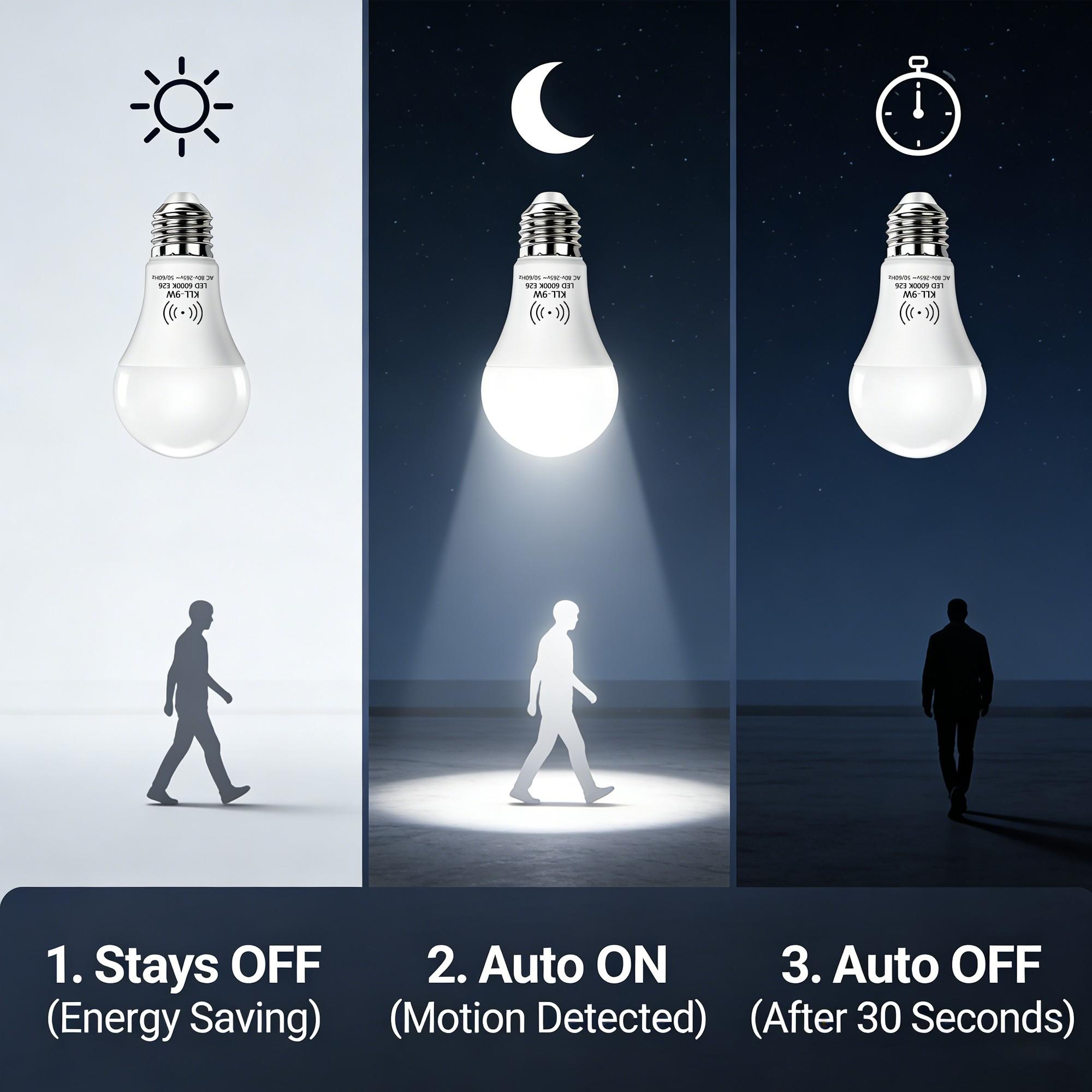 Kasotile Motion Sensor LED Bulb, 9w 3000k/6000k, Ac 80-265v, E26/e27 Base, Indoor Lighting, Hallway Lamp, Energy Efficient