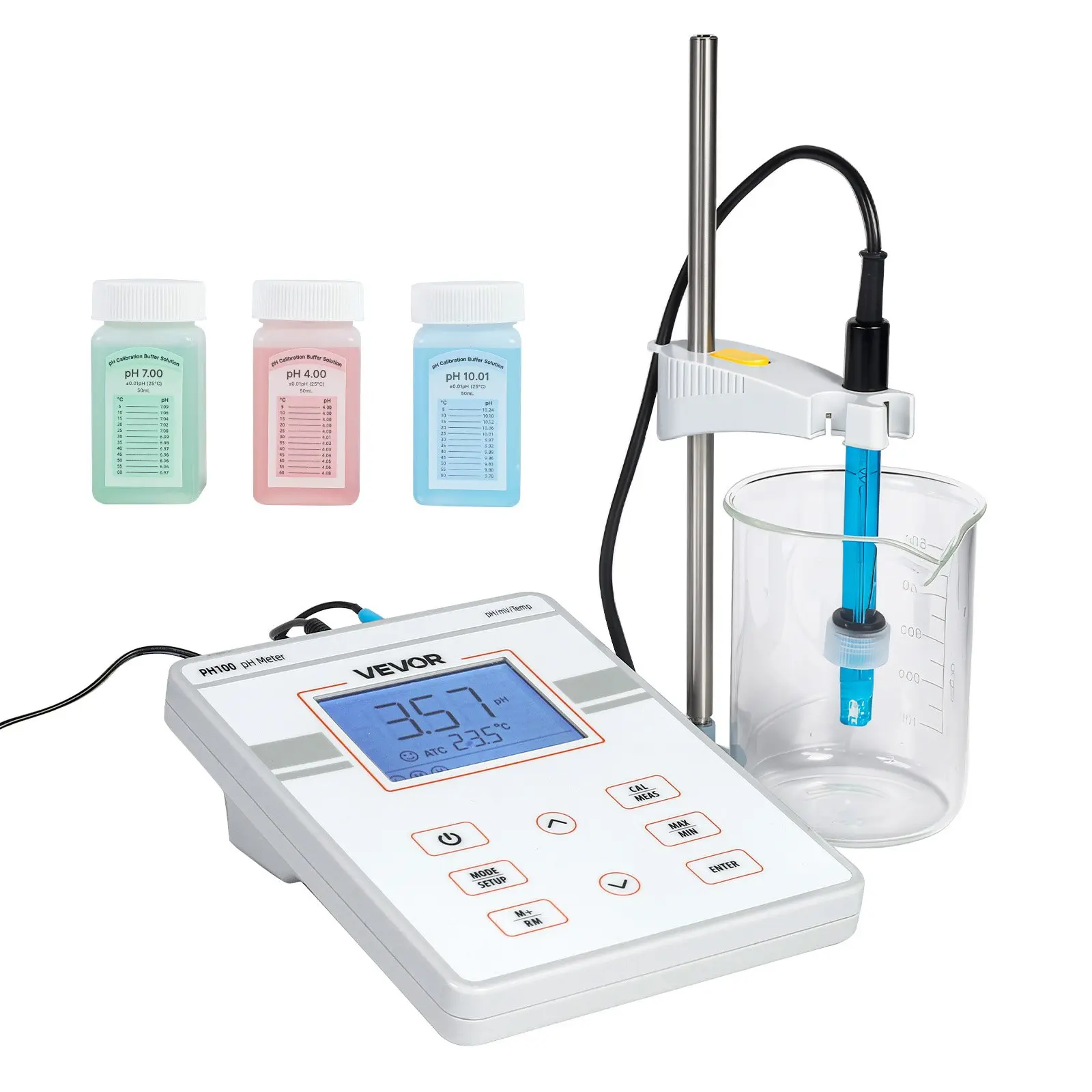 VEVOR Benchtop pH Meter Kit Set, 0-14 pH Range, Auto Calib. Laboratory Tester with Large Backlit Display, Calibration Solutions, Power Adapter, Electrode Holder, IP54 Probe, 50-Reading Storage, for Water & Temperature Testing