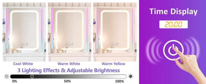 Vabches 41.3in(L) Makeup Vanity Desk with Lights,Makeup Vanity with RGB Lights and Power Strip,Vanity Table with 5 Drawers Lots Storage & Time Display,3 Lighting Modes Vanity Mirror with Lights