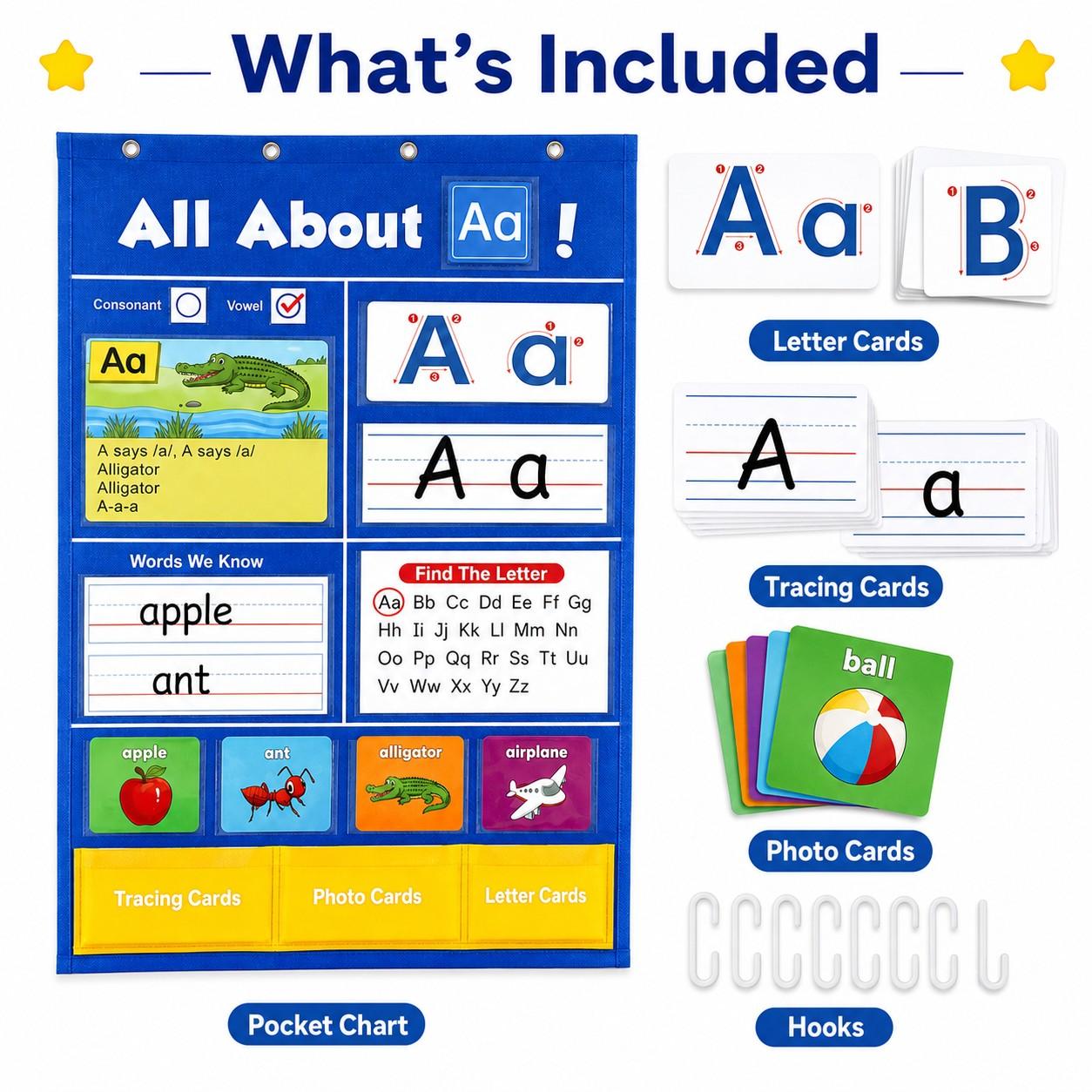Alphabet Learning Pocket Chart, Alphabet Wall Chart ABC Flash Cards Learning Material, Handwriting Practice Letter Tracing Learning Activities, for Toddlers, Preschool & Homeschool Classroom Must Haves