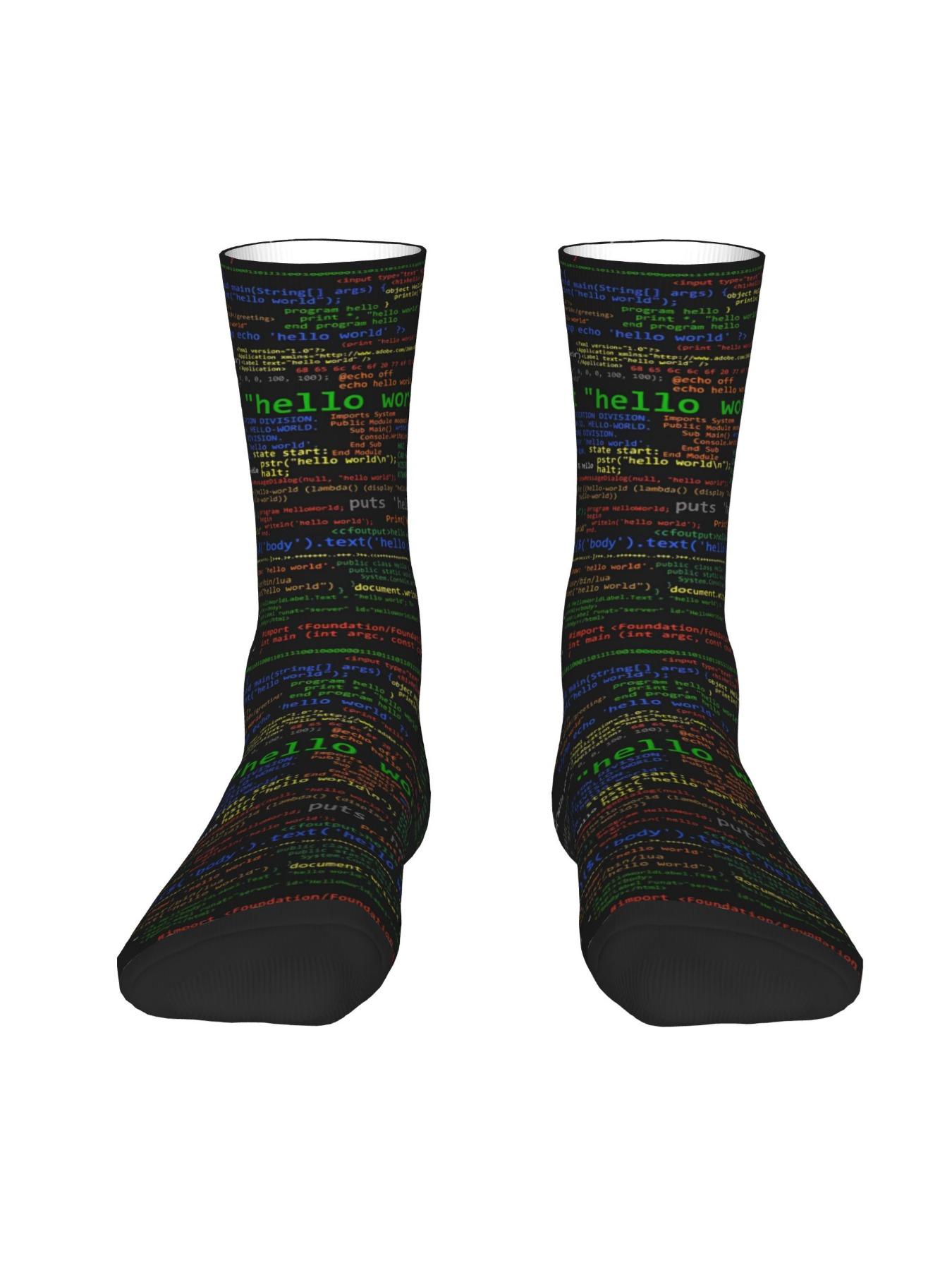 BIIHUDU Men'S Linux & Python Code Socks - Full-Body Programming Language Design (World; Hello World; print();) - Dark Green/Red - Tech Gift for Programmers, Developers - Durable Polyester Casual & Formal Wear - Novelty Computer Socks