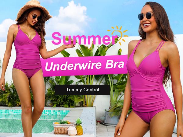 Hilor Women's Underwire One Piece Swimsuits Ruched V Neck Tummy Control Bathing Suit Criss Cross Monokini Swimwear