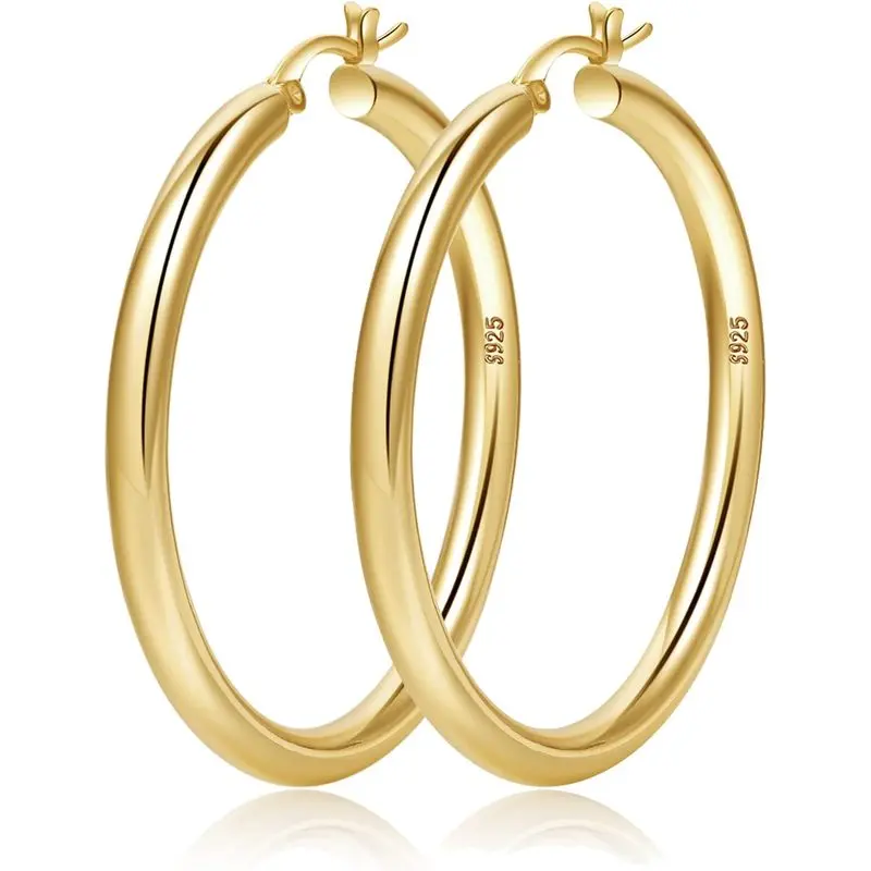 Women's 4mm Thick Hollow Tube Hoop Earrings, Gold, Silver Post, Hypoallergenic Lightweight Metal, Large Size (20/30/40/50/60MM)