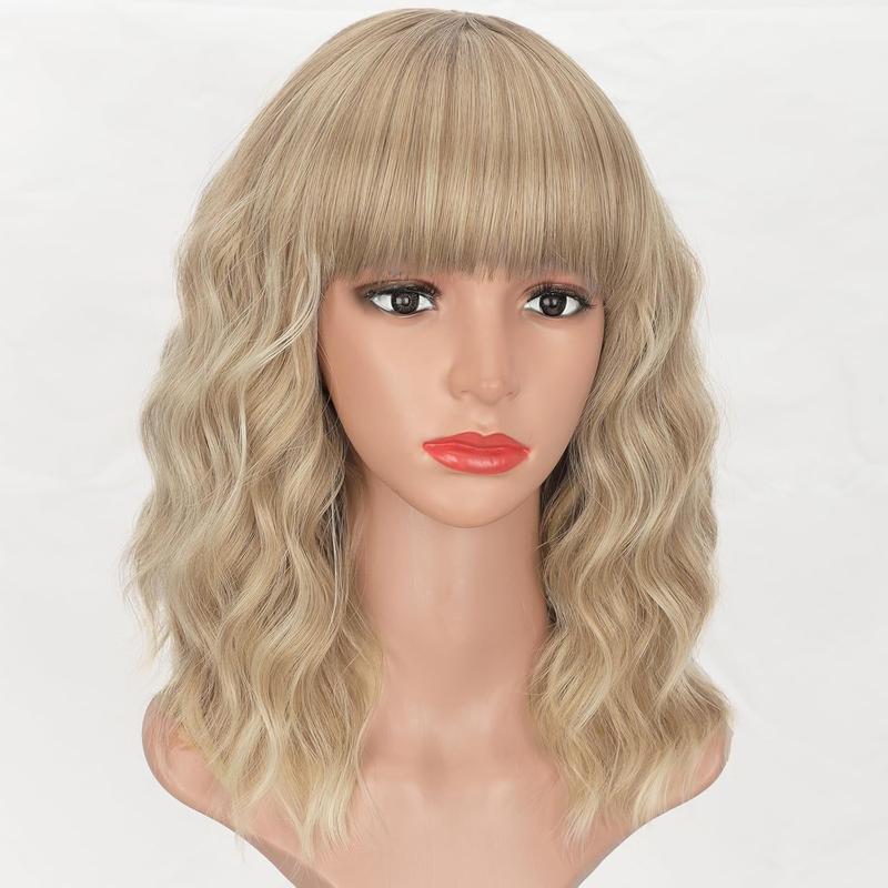 [ AISI HAIR ] Synthetic Wavy Curly Bob Wig with Bangs Mixed Blonde Short Hair Wigs for Women Synthetic Heat Resistant Bob Wigs