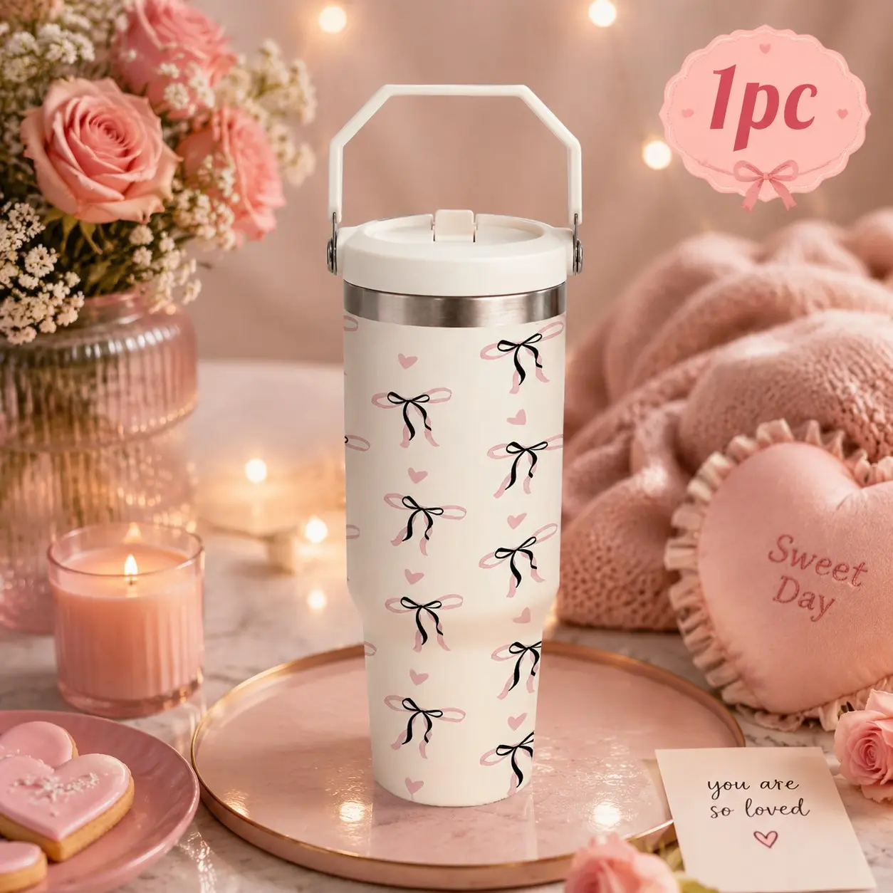 30oz Bow Tumbler with Handle, Insulated Vacuum Tumbler, Cute Pink Heart Print Cup, Romantic Ribbon Design Stainless Steel Water Bottle, Valentine’s Day Gift Idea, Viral TikTok Find