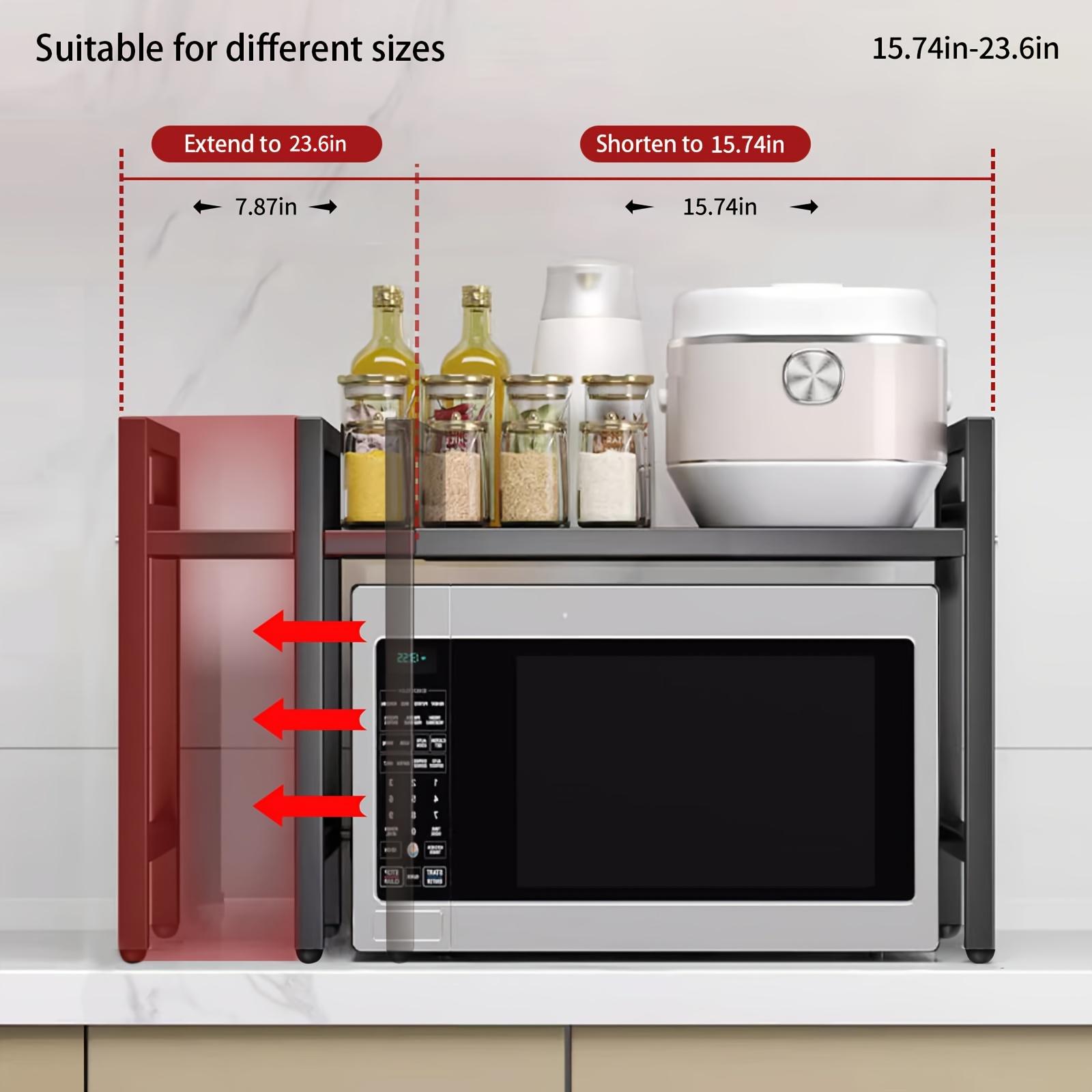 Expandable microwave rack with hooks, adjustable width to save space. Suitable for microwave ovens, ovens, coffee makers, etc. Easy to assemble, a must-have for the kitchen.