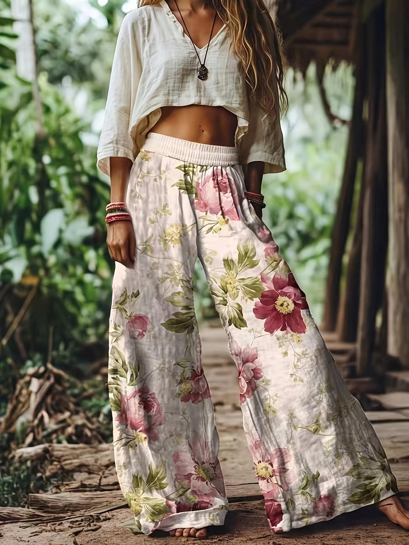 Women's Casual Bohemian Style Boho Floral Print Wide-Leg Loose Baggy Pants, Comfortable & Breathable Elastic Fabric, Ideal for Vacation, Home and Daily Wear, Suitable for Spring, Summer and Fall