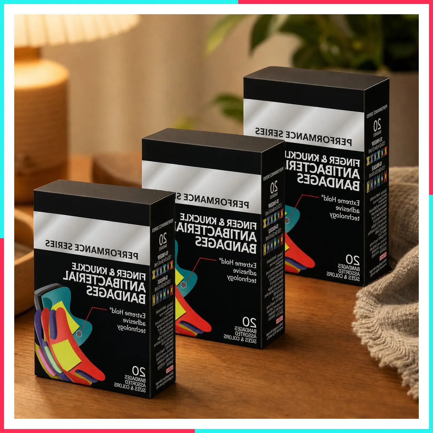 Performance Antibacterial Bandages, Extreme Hold Adhesive Technology, Finger & Knuckle Bandages, Flexible Fabric, Variety Pack with Assorted Sizes & Colors, Pack of 3