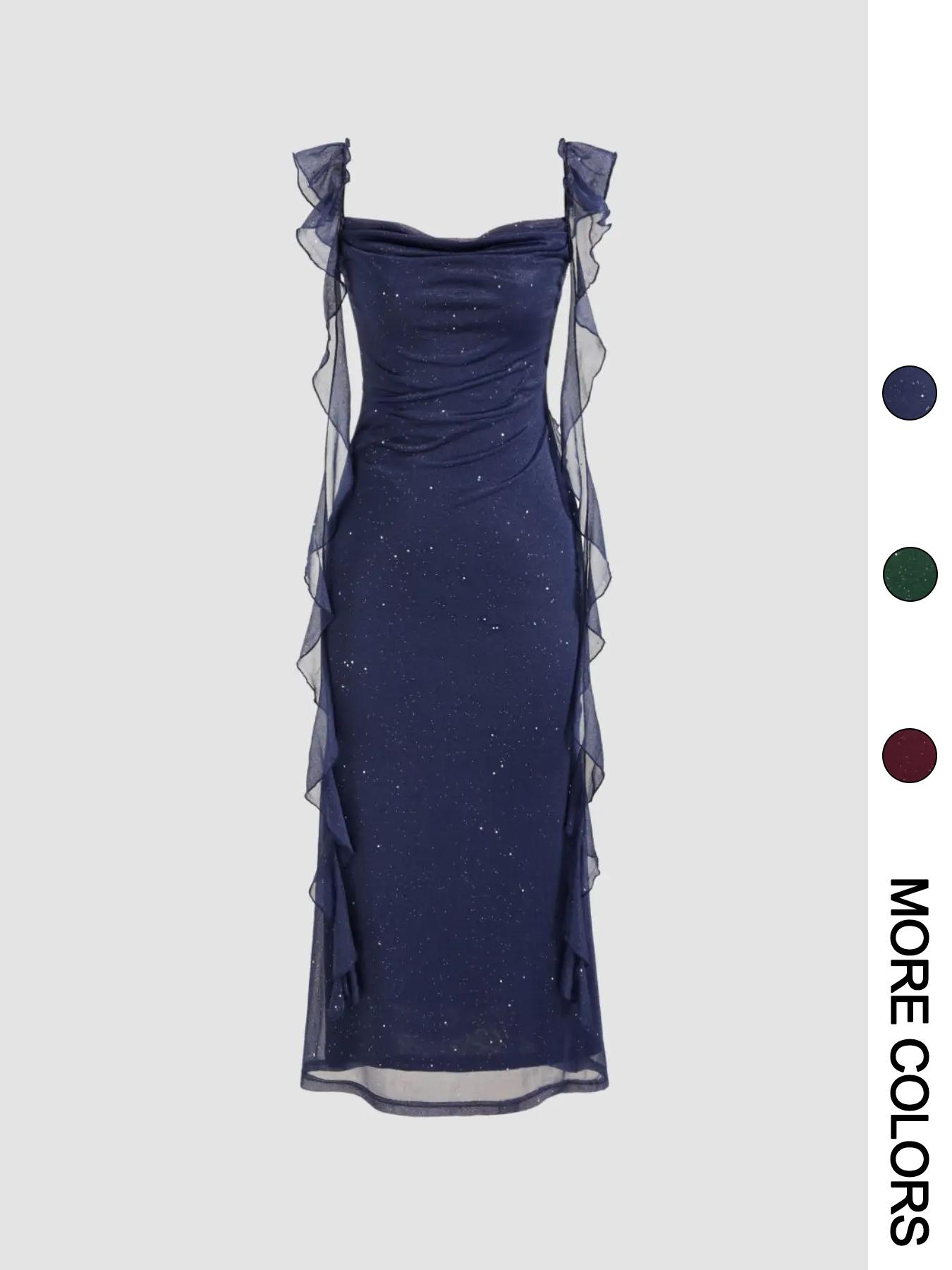 prom dresses，Valentine's Day Women's Formal Solid Glitter Ruffle Trim Dress, Elegant Sleeveless Dress for Party Club Dating Wear, Ladies Clothes for All Seasons