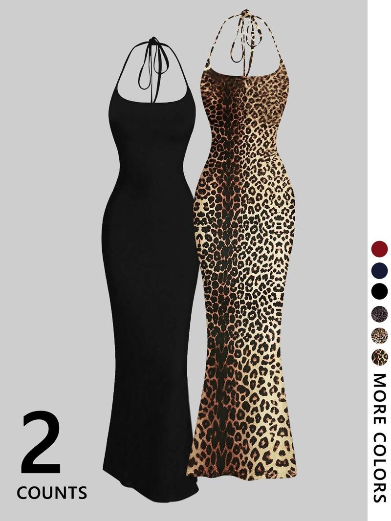 2-piece leopard print camisole and floor-length slim bodycon mini skirt - TikTok viral animal print! Stretch fabric, strap design, available in multiple colors (brown/black) 🔥 Perfect for #DateNightOOTD, #CoquetteAesthetic, #Y2KRevival. Fashionable, flat