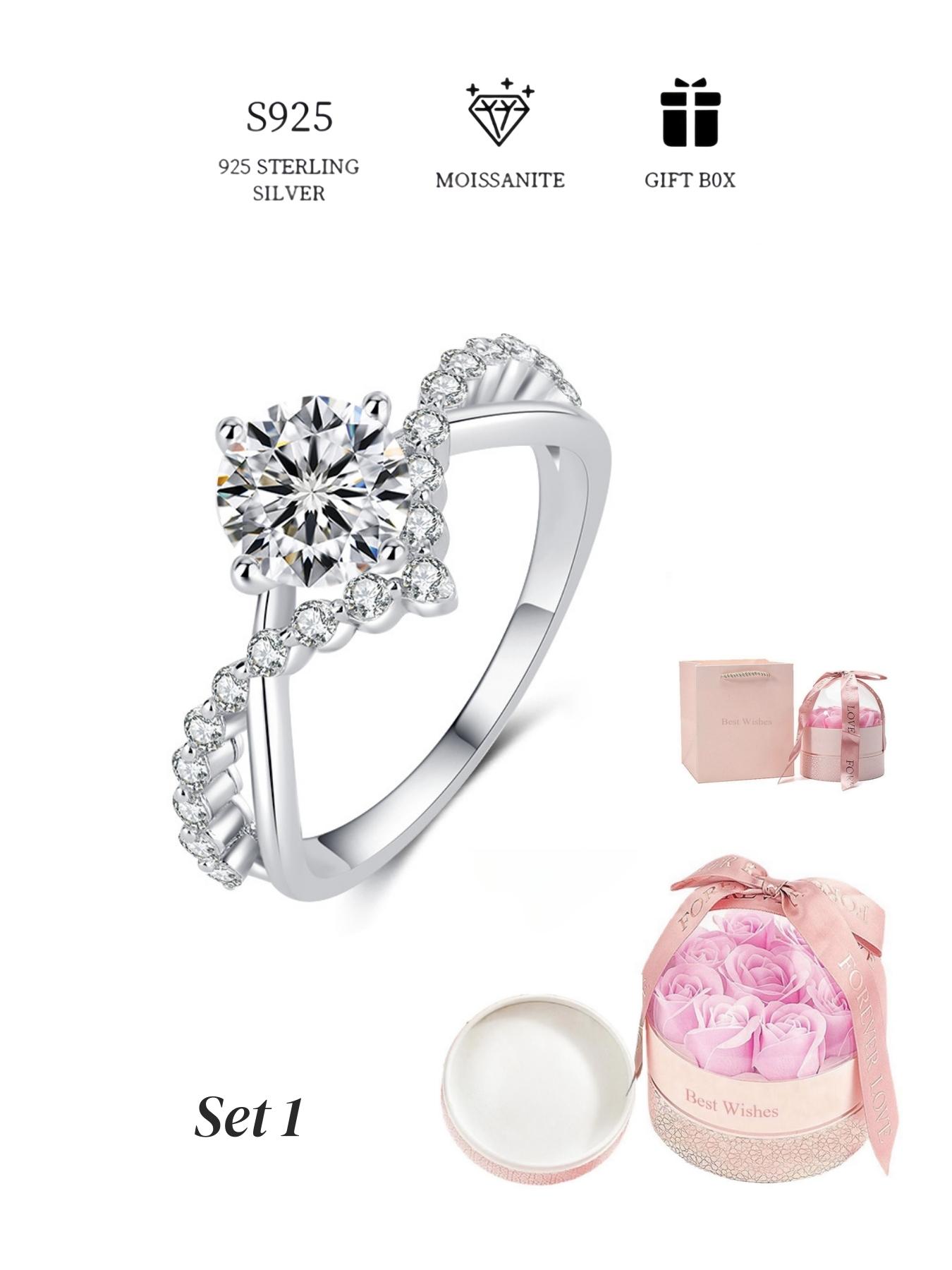 S925 Sterling Silver 1 Carat Synthetic Moissanite Ring, Luxury Wedding Engagement Ring for Women, Trendy All-match & Exquisite Jewelry for Birthday Gift