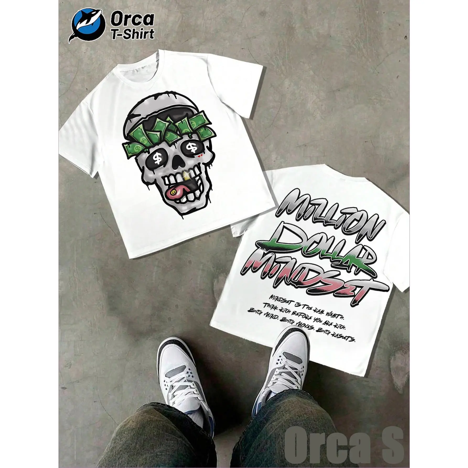 Skull Dollar Coin Wealth Mentality Money Awareness Million Dollar Printed Men's and Women's Soft Fabric T-shirts with Round Neck and Short Sleeves, Street Style, Casual Tops, Preferred for Daily Holidays or Gifts.