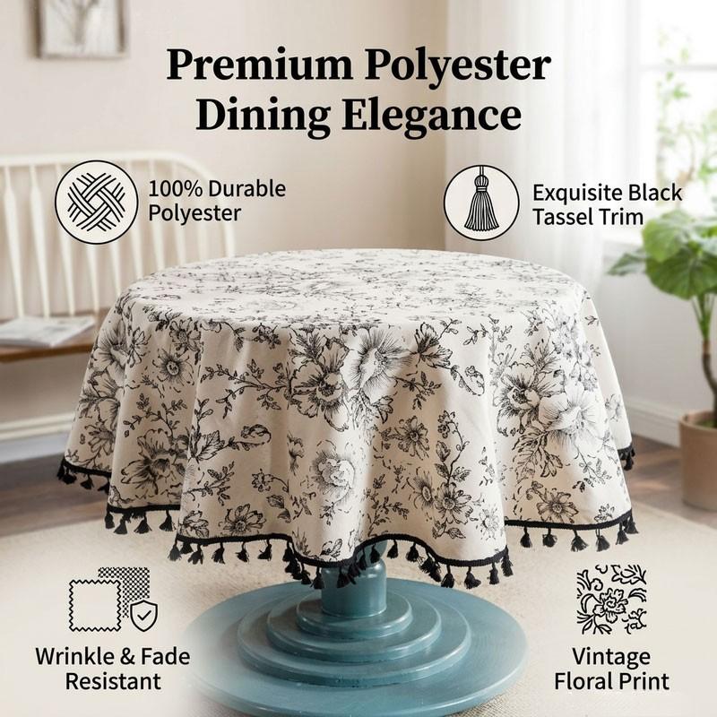 Round Printed Fringe Polyester Tablecloth, Vintage Floral Tassel Edge, Wrinkle & Stain Resistant, Easy Clean, Fast Dry, Home Restaurant Cafe