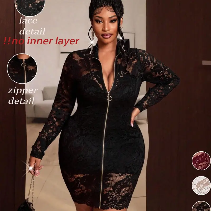 Sexy Black Lace Bodycon Mini Dress for Plus-Size Women, Long-Sleeve Stand-Collar Party Dress with Full Front Zip and Sheer Sleeves, for Evening Parties, Nightclubs, Bars, and Dinner Dates